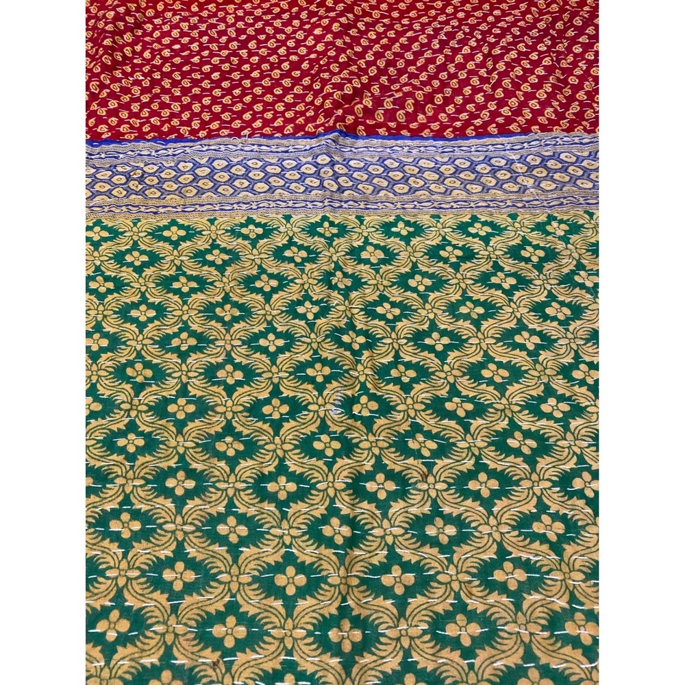 Kantha Quilt Reversible Cotton Twin Throw Blanket Green Blue Red Paisley Floral - Picture 4 of 8